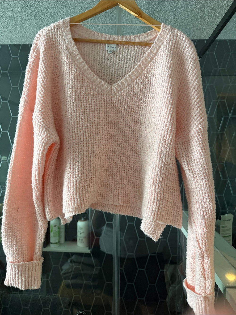 La Hearts Soft Blush Pink V-Neck Chunky Knit Sweater